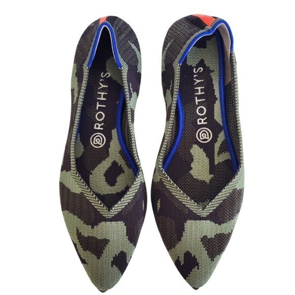 Rothy's The Point Olive Camo Pointed Toe Flats Green Orange Stripe Womens 9